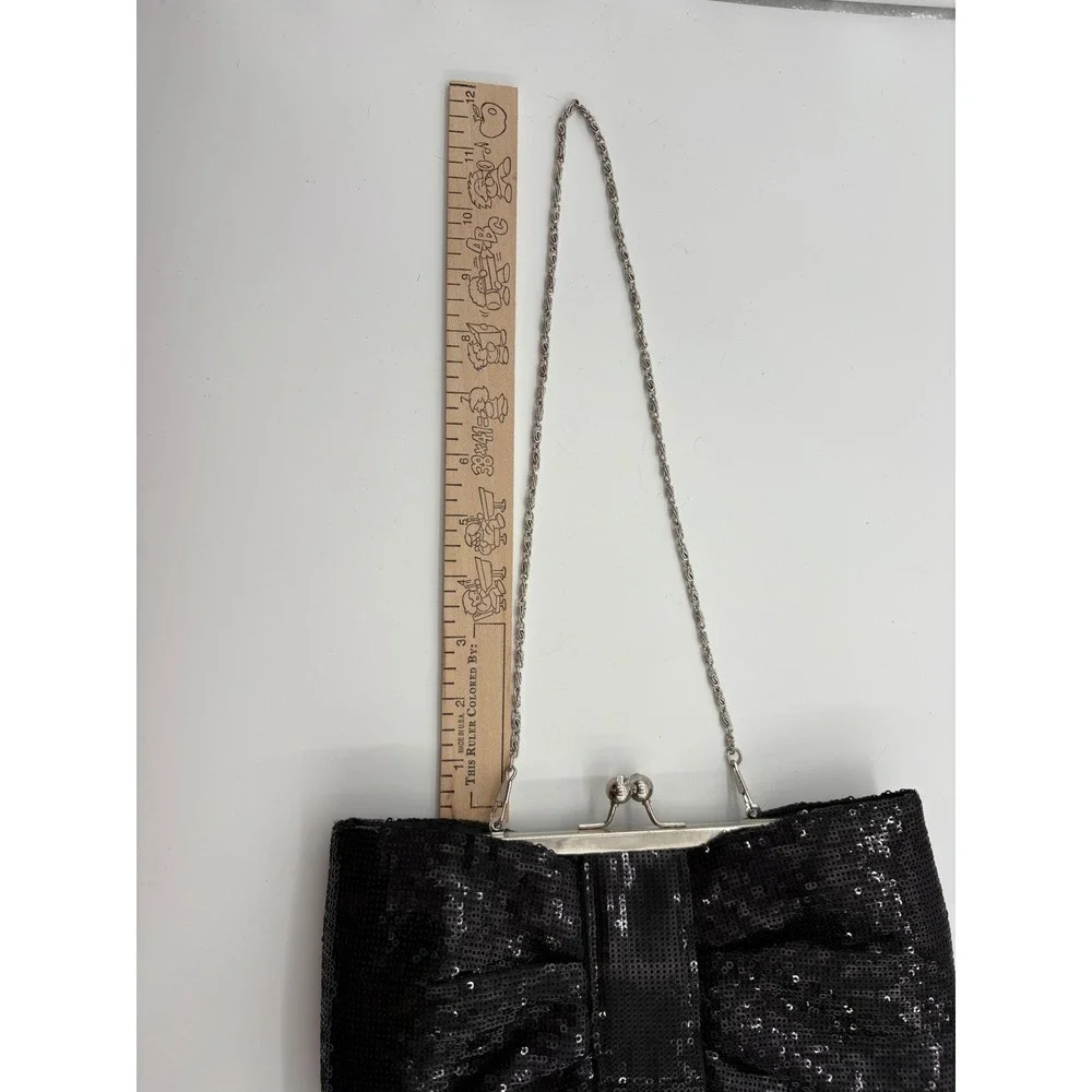 Black Sequin Bow Clutch Evening Bag Kiss Lock Frame Chain Strap Bridal Formal